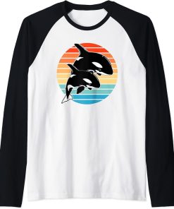 Orca whales retro sunset Raglan Baseball Tee