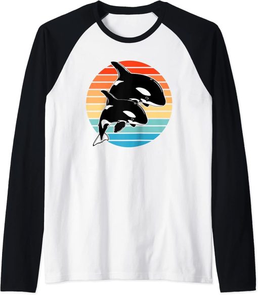 Orca whales retro sunset Raglan Baseball Tee