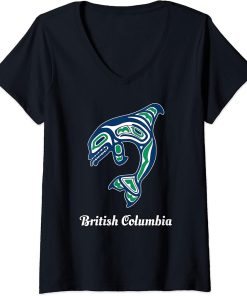 Womens Green Native American British Columbia Orca Killer Whale V-Neck T-Shirt