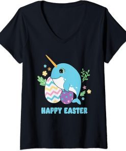 Womens Cute Happy Easter Day Egg Hunter Boys Girls Kids Orca Whale V-Neck T-Shirt