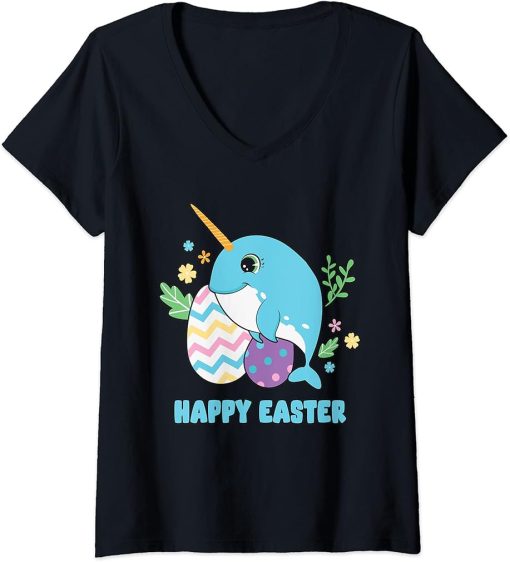 Womens Cute Happy Easter Day Egg Hunter Boys Girls Kids Orca Whale V-Neck T-Shirt